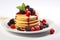 Pancakes With Berries On White Plate, Shot At Degree Angle, On White Background. Generative AI