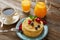 Pancakes breakfast syrup coffe and orange juice