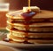 Pancakes with butter and honey illustration, closeup view on delicious pancakes stack, sweet homemade desert