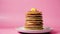 Pancakes with butter and poured honey or maple syrup on pink background. Close-up high quality 4k footage