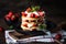 Pancakes cake with mascarpone and strawberries.
