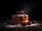 Pancakes with cherries and powdered sugar on a black background