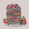 Pancakes, chocolate pancakes with blueberries and strawberries. Vegan breakfast. Delicious dessert. Isolated vector objects.