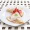 Pancakes cream and watermelon on white plate dessert