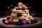 Pancakes with fresh berries on a black background. Toned, Indulge in the dessert\\\'s exquisite details with macro photography.
