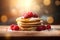 Pancakes with fresh raspberries and honey on wooden table