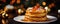 Pancakes in golden light with butter and jam. on white plate. Pancakes wide banner