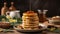 pancakes with honey. Lots of fritters on the plate. Hot pastries for breakfast. Against the background of the kitchen.