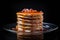 Pancakes with honey syrup and candied fruits on dark background