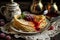 Pancakes With Jam On Plate With Decoration On Table - Generative AI