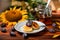 Pancakes made of cottage cheese with honey decorated with berries and sunflowers on a wooden background