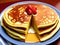 pancakes, pancake, plate and fresh raspberries. top view, copy space, Ai generated