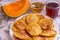 Pancakes with pumpkin in bowl on Halloween