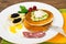 Pancakes with Quail Eggs, Cold Meats, Pastry Spoon