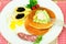 Pancakes with Quail Eggs, Cold Meats, Pastry Spoon