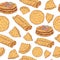 Pancakes seamless pattern. Doodle cartoon ornament for shrovetide holiday. Vector illustration