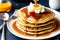 Pancakes stack with butter and honey. Generative AI