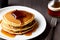 Pancakes stack with butter and honey. Generative AI