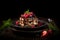 pancakes with strawberries and chocolate syrup on a black background with berries on black plates