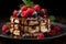 pancakes with strawberries and chocolate syrup on a black background with berries on black plates