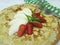 Pancakes with strawberry apple berry lunch nutrition cooking mint fork towel on white wooden