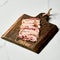 Pancetta slices with spices on wood board. Uncooked and raw.