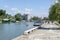 Pancevo, Serbia 4. May 2020.: Sports rowers training on the river Tamis in nice sunny day with beautiful blue sky in the