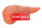 Pancreas transplantation concept. Human pancreas with For Sale hanging sign, 3D rendering