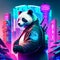 A panda astronaut stands in front of the city. Vector illustration Generative AI