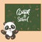 Panda back to school cartoon illustration. Cute friendly Panda puppy, wearing glasses, near the blackboard