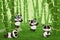 Panda in bamboo garden. Cartoon happy zoo bear character in green forest. Funny Chinese animal mascot with cute emotion