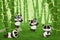 Panda in bamboo garden. Cartoon happy zoo bear character in green forest. Funny Chinese animal mascot with cute emotion