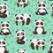 Panda and bamboo seamless pattern. Cute pandas animals, wild bamboo forest bear and sleeping baby panda vector