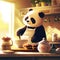 a panda bear baking a cake in a sunny kitchen