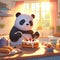 A panda bear baking a cake in a sunny kitchen, digital art