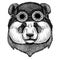 Panda bear. Bamboo bear. Cute animal wearing motorcycle, aviator helmet Hand drawn image for tattoo, emblem, badge, logo