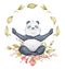 Panda bear sitting in lotus position with sakura wreath, Cute yoga animal illustration