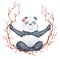 Panda bear sitting in lotus position with sakura wreath, Cute yoga animal illustration