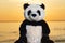 Panda Bear stuffed plush toy at the sunrise in front of the lake. Love, Romance and Friendship