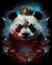 a panda bear wearing a crown surrounded by blood and fire