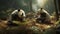 Panda bears having a bamboo feast in the forest. Generative AI