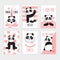 Panda cards. Cute chinese bears, happy panda with magic accessories, birthday party invitations. Colorful print cartoon