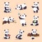 Panda cartoon character in various expression vector animal white cute china black panda bear giant mammal fat