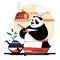 Panda in a chef\\\'s hat sits in a pot and holds a chopstick. generative AI