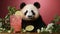 Panda with cold lemonade. Close-up of bamboo bear drinking mojito and iced tea, creative businessman animal
