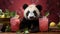 Panda with cold lemonade. Close-up of bamboo bear drinking mojito and iced tea, creative businessman animal