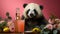 Panda with cold lemonade. Close-up of bamboo bear drinking mojito and iced tea, creative businessman animal