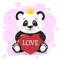 Panda in the crown sits and holds in the paws a red heart with the inscription love, in the style of cartoons.