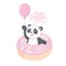 Panda on donuts on white background.
