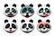 Panda emoticon or bear heads vector set. Pandas big bear face emojis in  hungry and angry expression for sign and symbols.